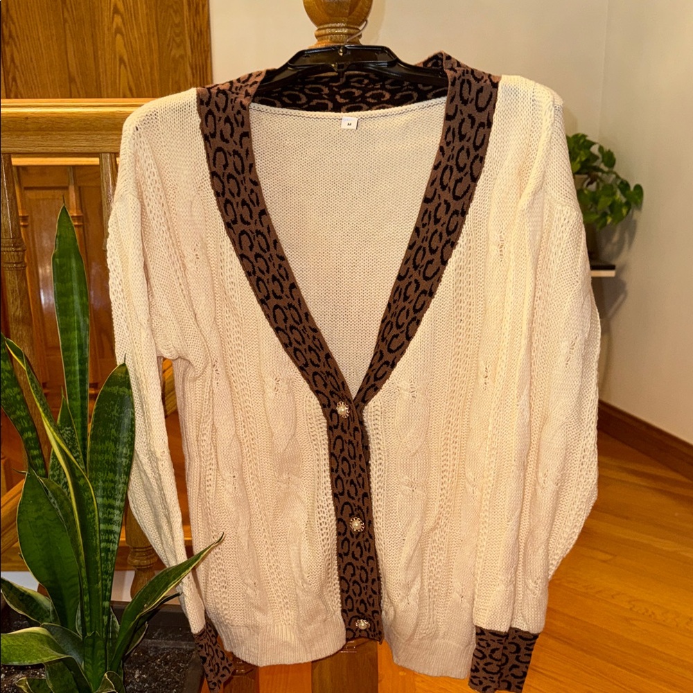 Vintage Cream Cardigan with Leopard Accents